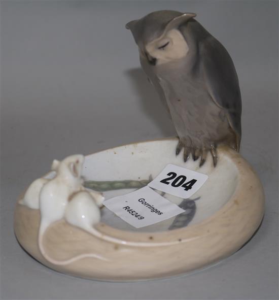 A Royal Copenhagen ash tray modelled with an owl with three white mice H.11.5cm